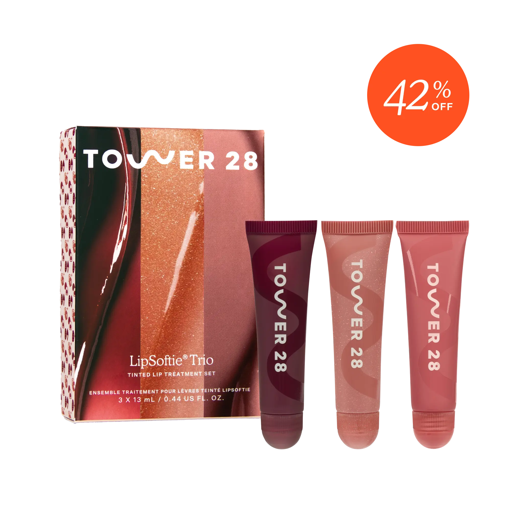 Tower 28 LipSoffie Trio with packaging and 42% off badge on a white background [LipSoftie™ Lip Treatment Trio]