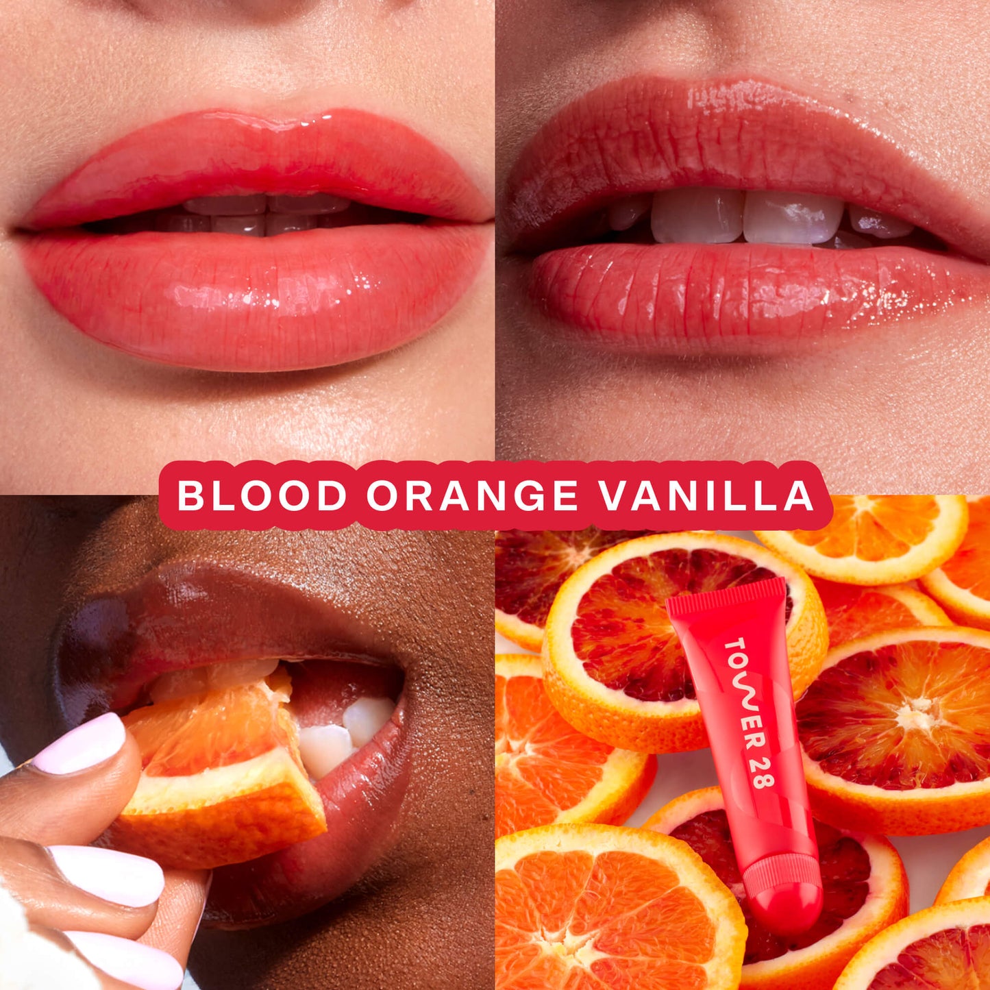 [Tower 28 Beauty's LipSoftie™ Lip Treatment in Blood Orange Vanilla applied on three different skin tones]