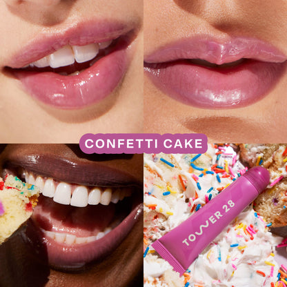 [Tower 28 Beauty's LipSoftie™ Lip Treatment in Confetti Cake applied on three different skin tones]