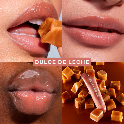 [Tower 28 Beauty's LipSoftie™ Lip Treatment in Dulce de Leche applied on three different skin tones]