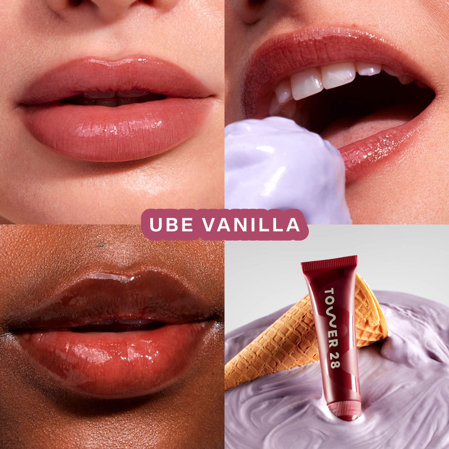 [Tower 28 Beauty's LipSoftie™ Lip Treatment in Ube Vanilla applied on three different skin tones]
