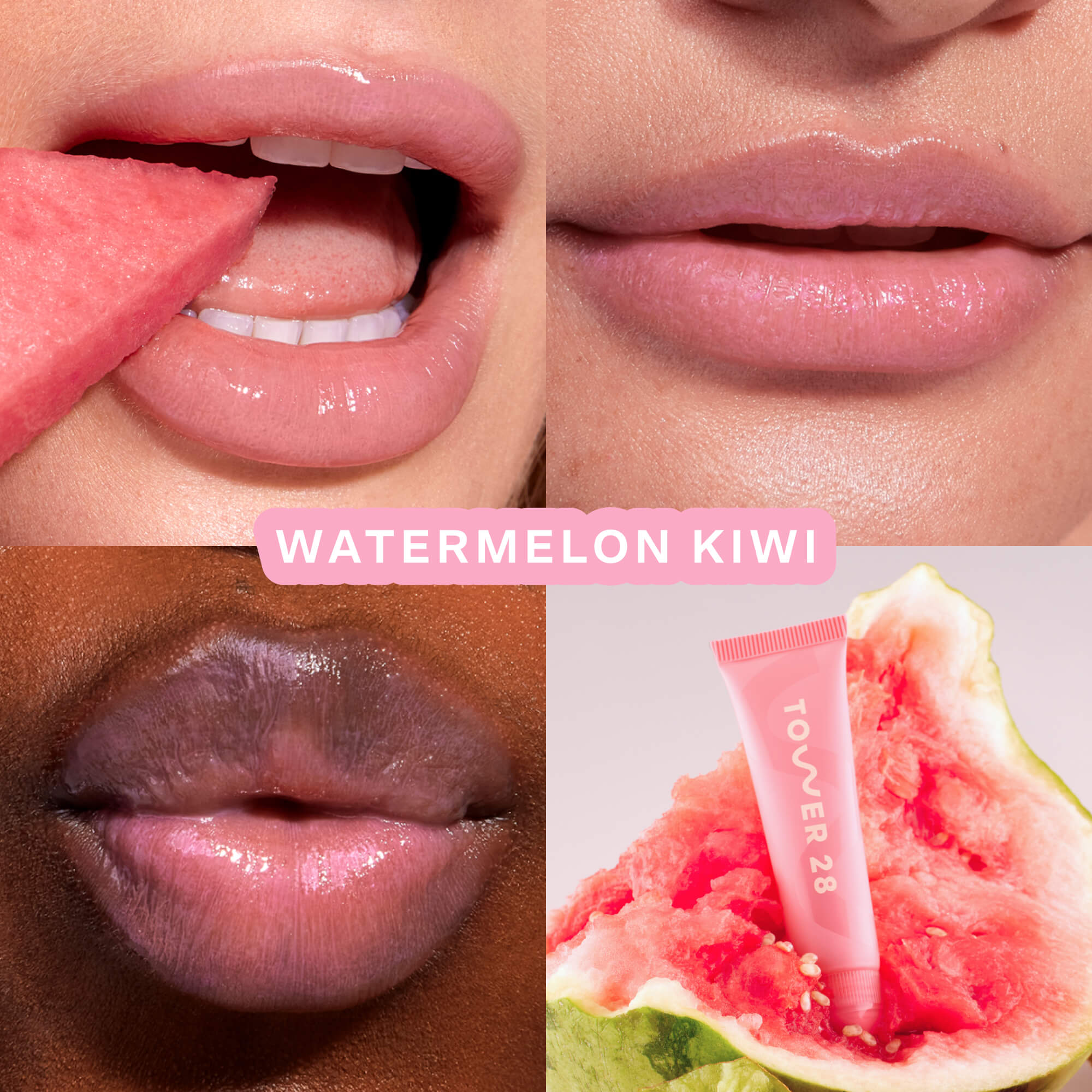Tower 28 Beauty's LipSoftie™ Lip Treatment in Watermelon Kiwi applied on three different skin tones. [Watermelon Kiwi]