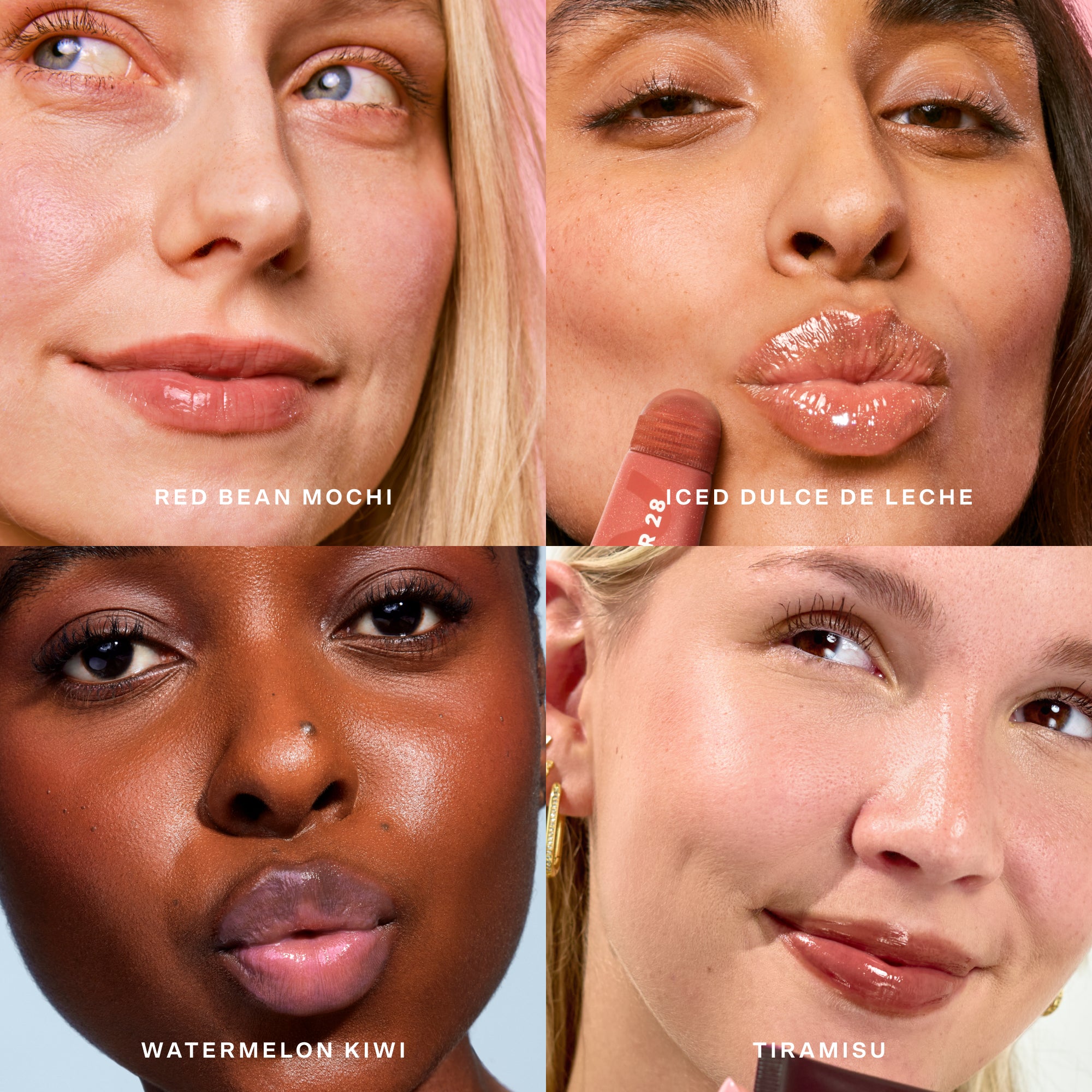 Four close-up shots of different women's lips with lip products labeled. [Shared]