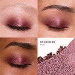 [Makeup swatches of eyeshadow on a model's eyelids with a close-up of the product. Studio 28 + Chateau]