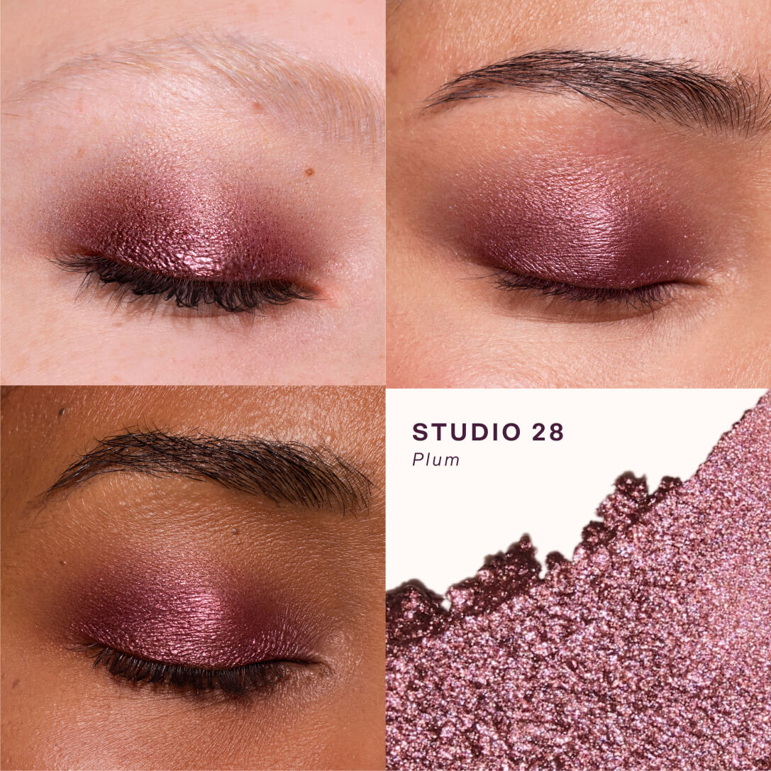 [Makeup swatches of eyeshadow on a model's eyelids with a close-up of the product. Studio 28 + Chateau]