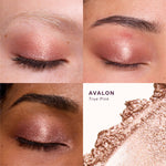 [Makeup swatches of eyeshadow on a model's eyelids with a close-up of the product. Avalon + Whisky]