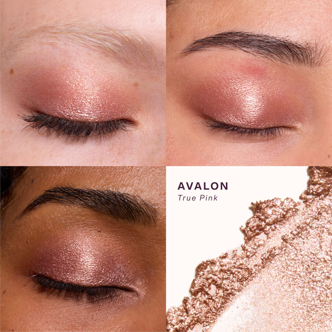 [Makeup swatches of eyeshadow on a model's eyelids with a close-up of the product. Avalon + Whisky]