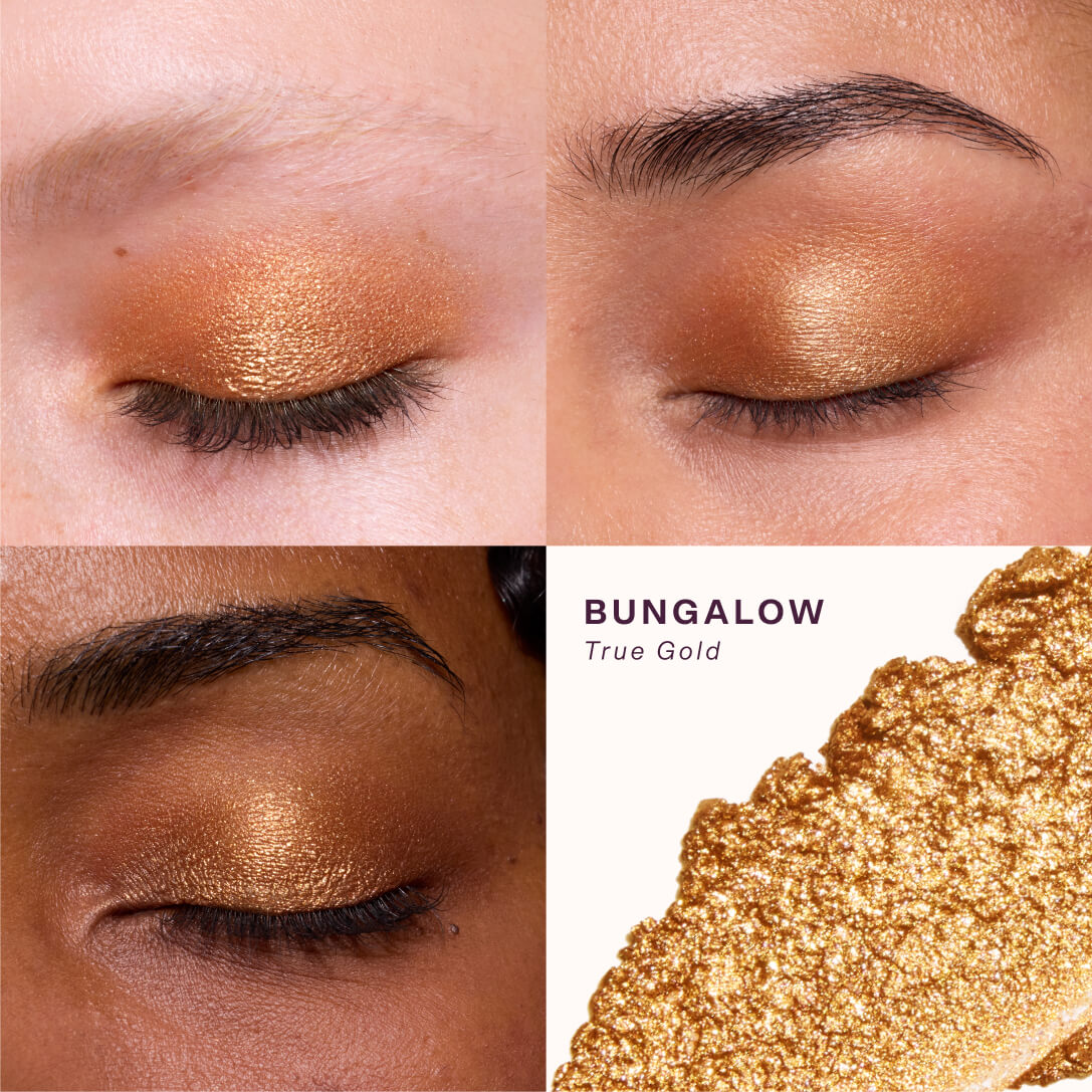 Makeup swatches of eyeshadow on a model's eyelids with a close-up of the product. [Bungalow]