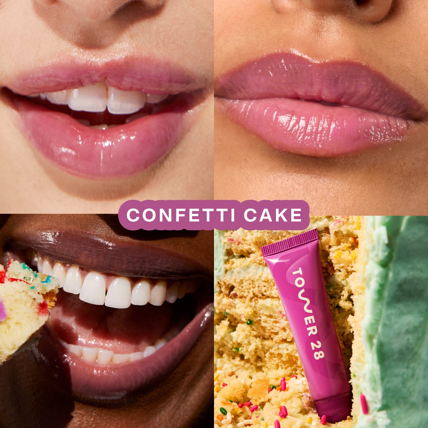 Tower 28 Beauty's LipSoftie™ Lip Treatment in Confetti Cake applied on three different skin tones. [Confetti Cake]