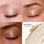 [Makeup swatches of eyeshadow on a model's eyelids with a close-up of the product. Studio 28 + Chateau]