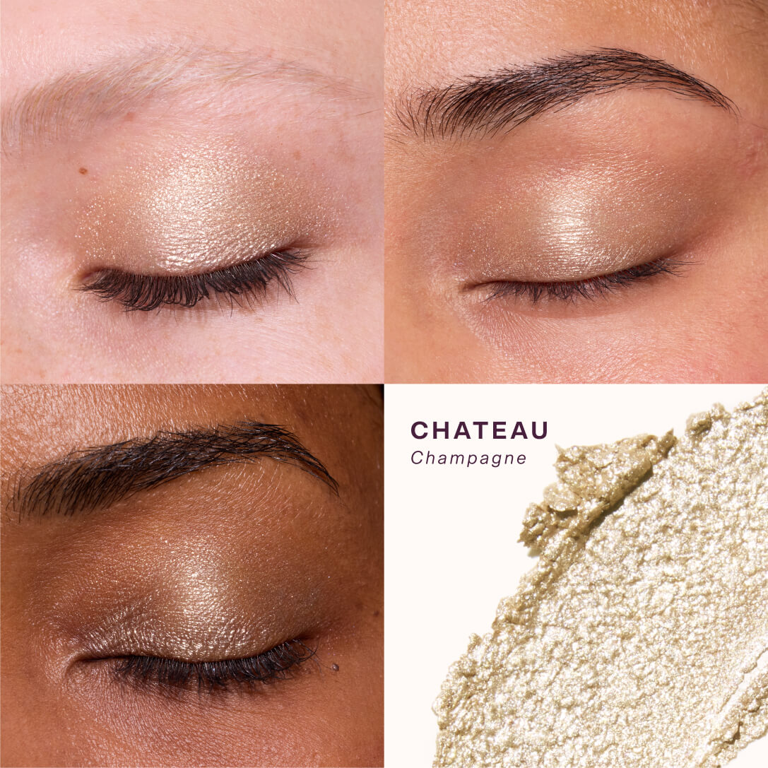 [Makeup swatches of eyeshadow on a model's eyelids with a close-up of the product. Studio 28 + Chateau]