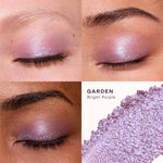 Makeup swatches of eyeshadow on a model's eyelids with a close-up of the product. [Garden]
