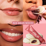 Tower 28 Beauty's LipSoftie® Lip Treatment in Red Bean Mochi applied on three different skin tones. [Red Bean Mochi]