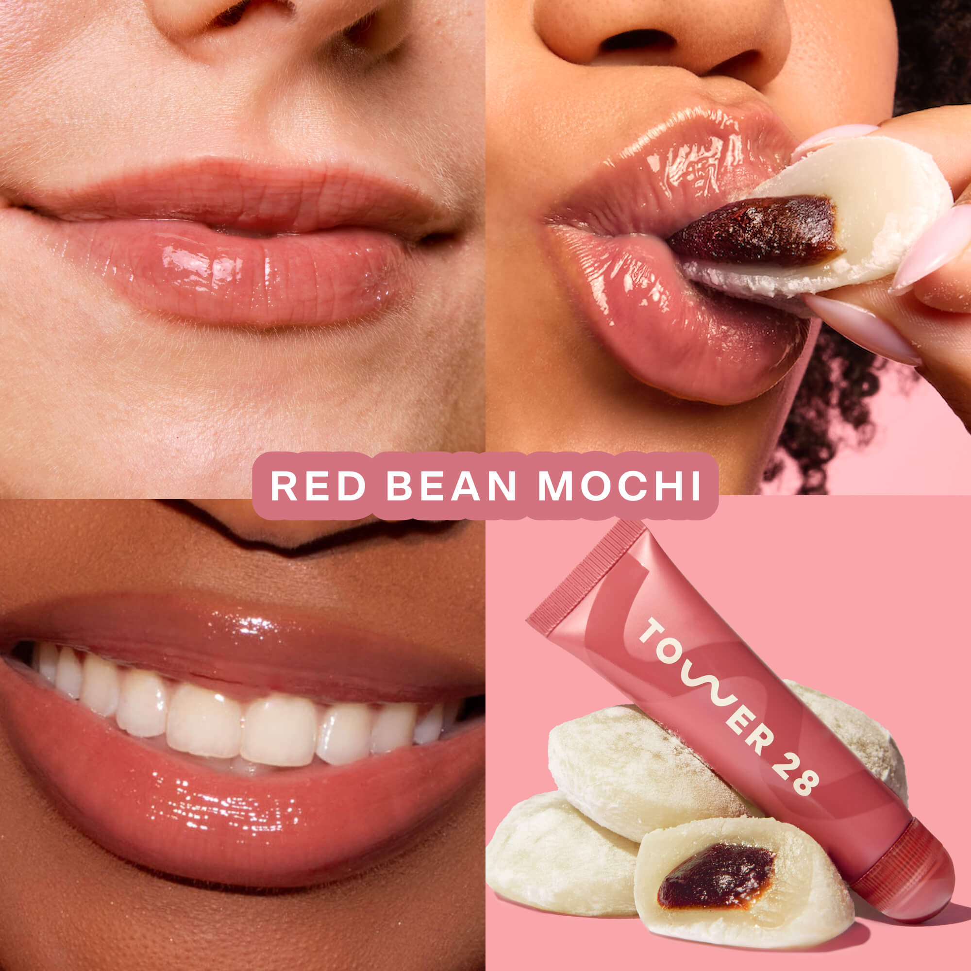 Tower 28 Beauty's LipSoftie® Lip Treatment in Red Bean Mochi applied on three different skin tones. [Red Bean Mochi]