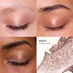 Makeup swatches of eyeshadow on a model's eyelids with a close-up of the product. [Roxy]