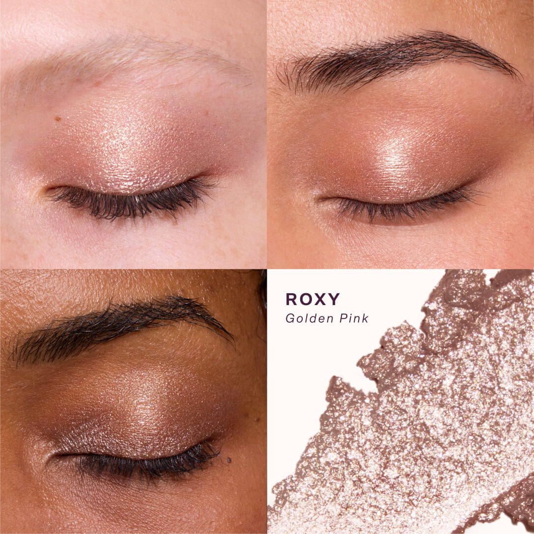 Makeup swatches of eyeshadow on a model's eyelids with a close-up of the product. [Roxy]