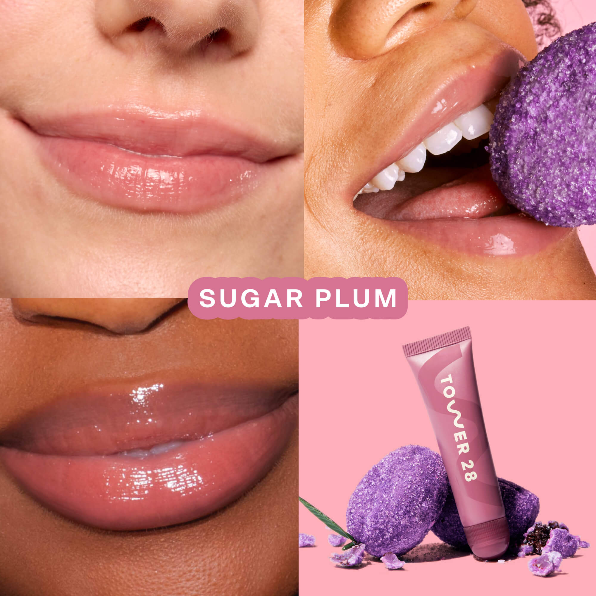 Tower 28 Beauty's LipSoftie® Lip Treatment in Sugar Plum applied on three different skin tones. [Sugar Plum]