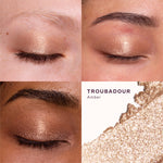 Makeup swatches of eyeshadow on a model's eyelids with a close-up of the product. [Troubadour]