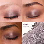 Makeup swatches of eyeshadow on a model's eyelids with a close-up of the product. [Viper]