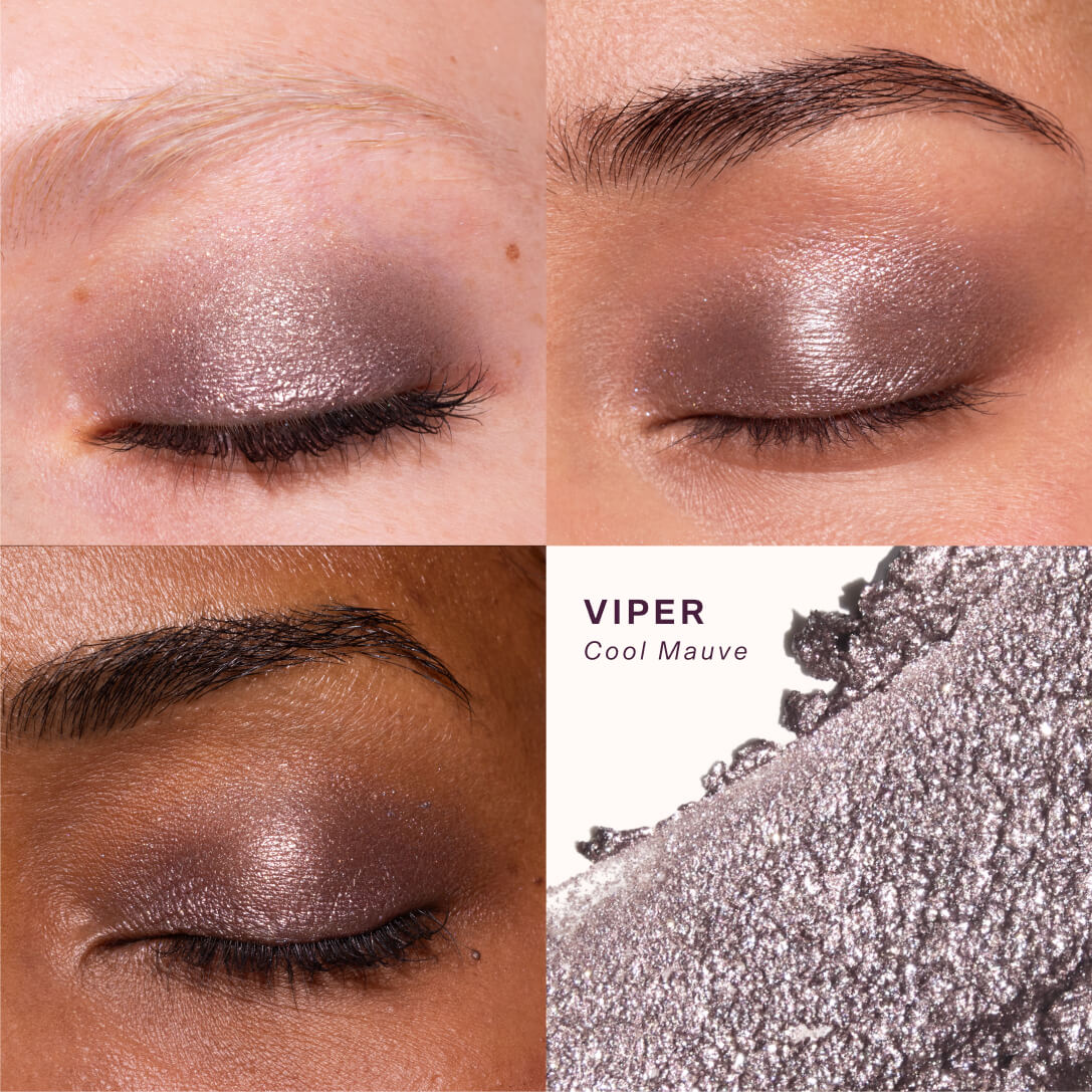 Makeup swatches of eyeshadow on a model's eyelids with a close-up of the product. [Viper]