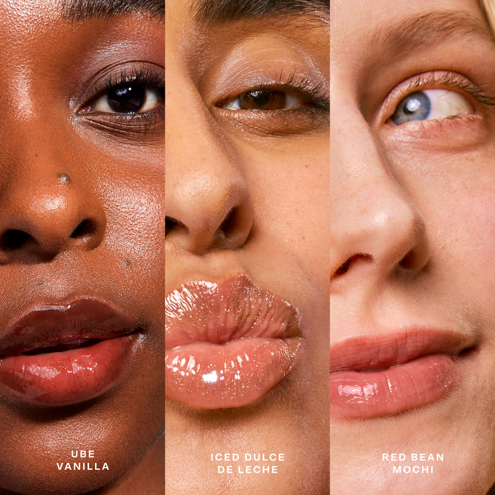 Three close-up views of lips with different shades labeled 'Ube Vanilla', 'Iced Dulce de Leche', and 'Red Bean Mochi'. [LipSoftie™ Lip Treatment Trio]