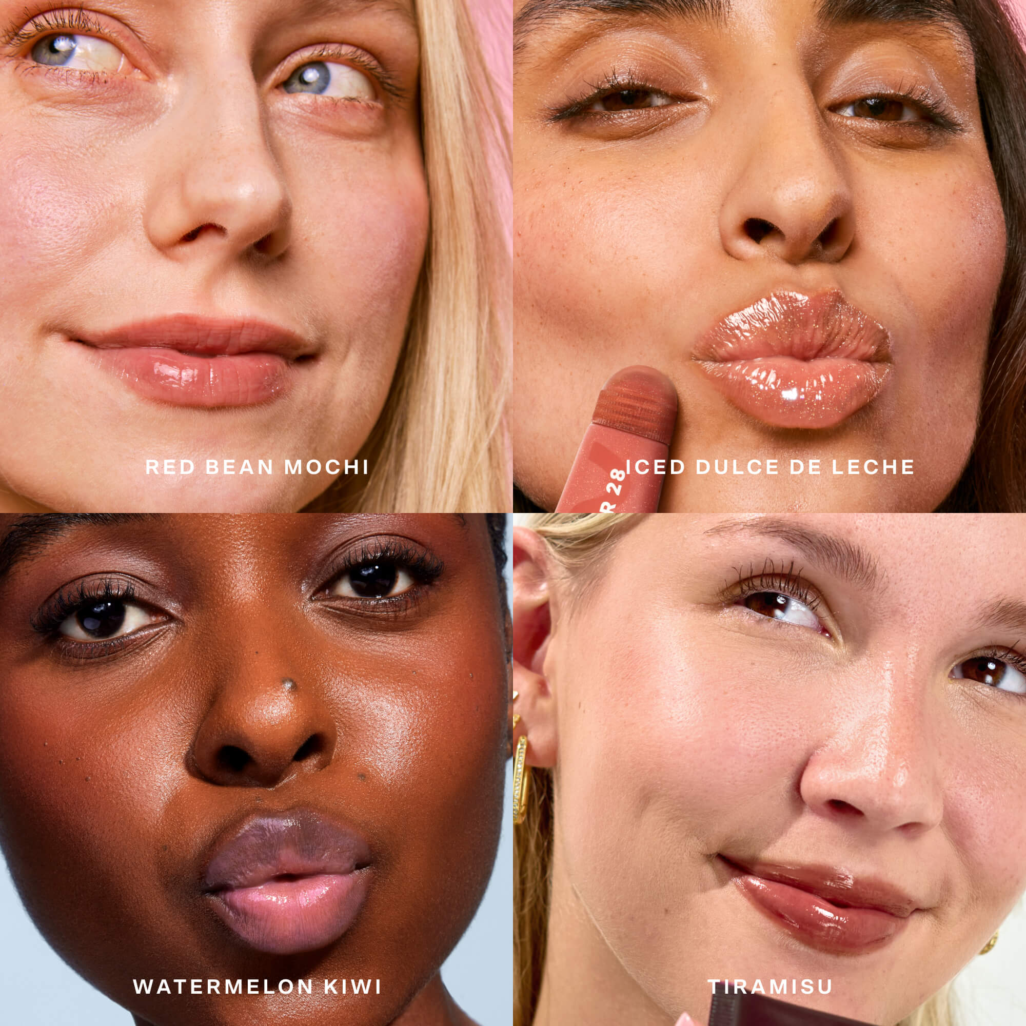 Collage of four women with different lip colors [Lil’ Softies Lip Treatment Set]