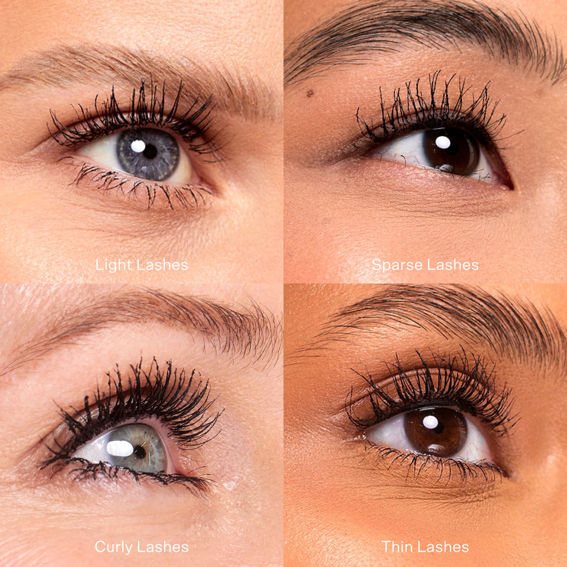 Shared: four different models demonstrating the effects of the Tower 28 Beauty MakeWaves™ Mascara on light, sparse, curly and thin lashes