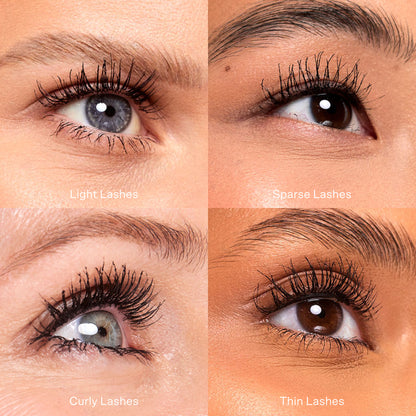 MakeWaves™ Mascara [Shared: four different models demonstrating the effects of the Tower 28 Beauty MakeWaves™ Mascara on light, sparse, curly and thin lashes]
