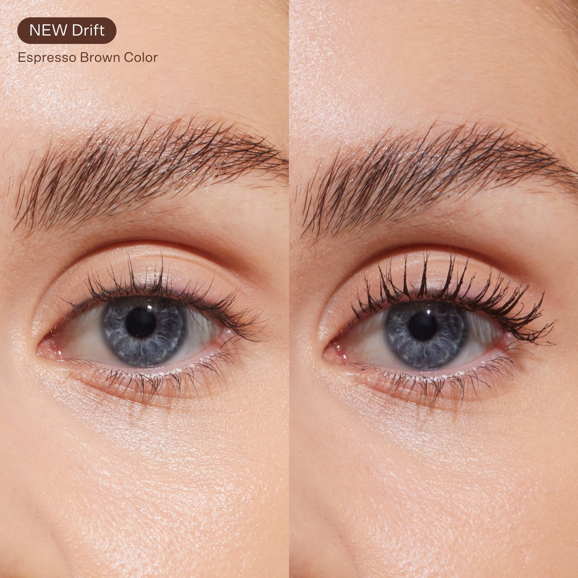 A close up of a model's eyelashes before and after applying the Tower 28 Beauty MakeWaves™ Mascara in Drift. Lashes are visibly lifted and lengthened