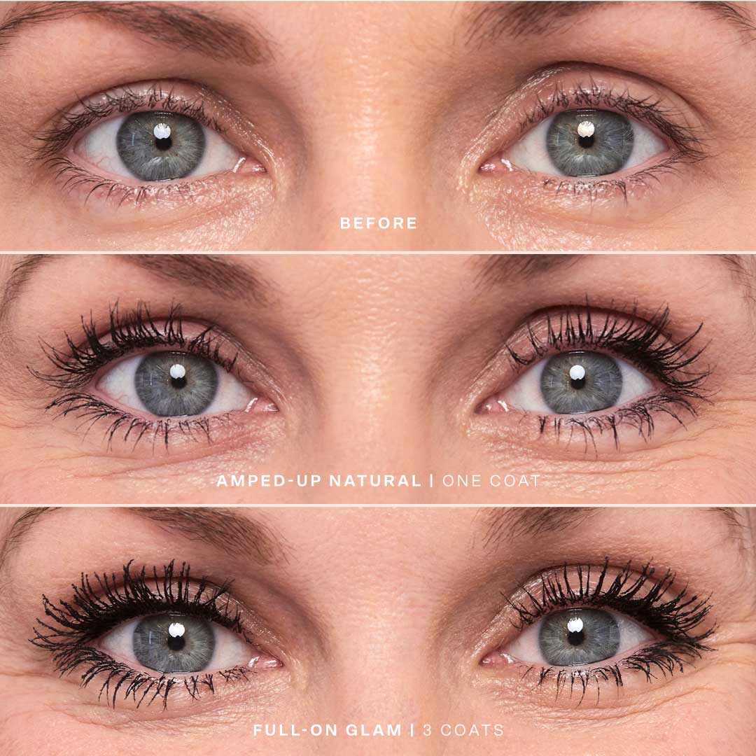 [Shared: A close up of a model's eyelashes before and after applying the Tower 28 Beauty MakeWaves™ Mascara in Jet, transforming them from natural to full-on glamorous.]