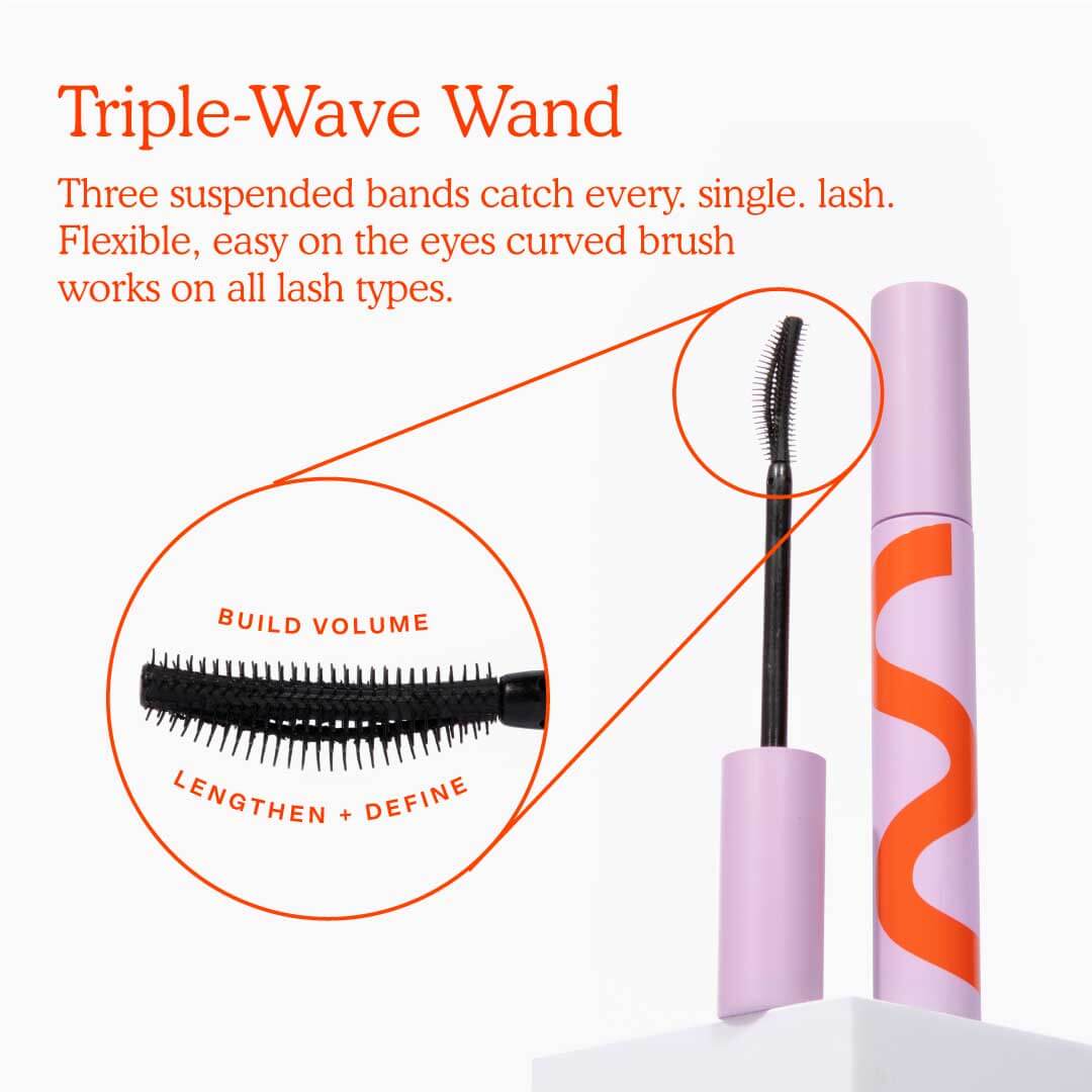 [Shared: Close up showing the unique "Triple-Wave Wand" mascara brush applicator on the Tower 28 Beauty MakeWaves Mascara in Jet.]