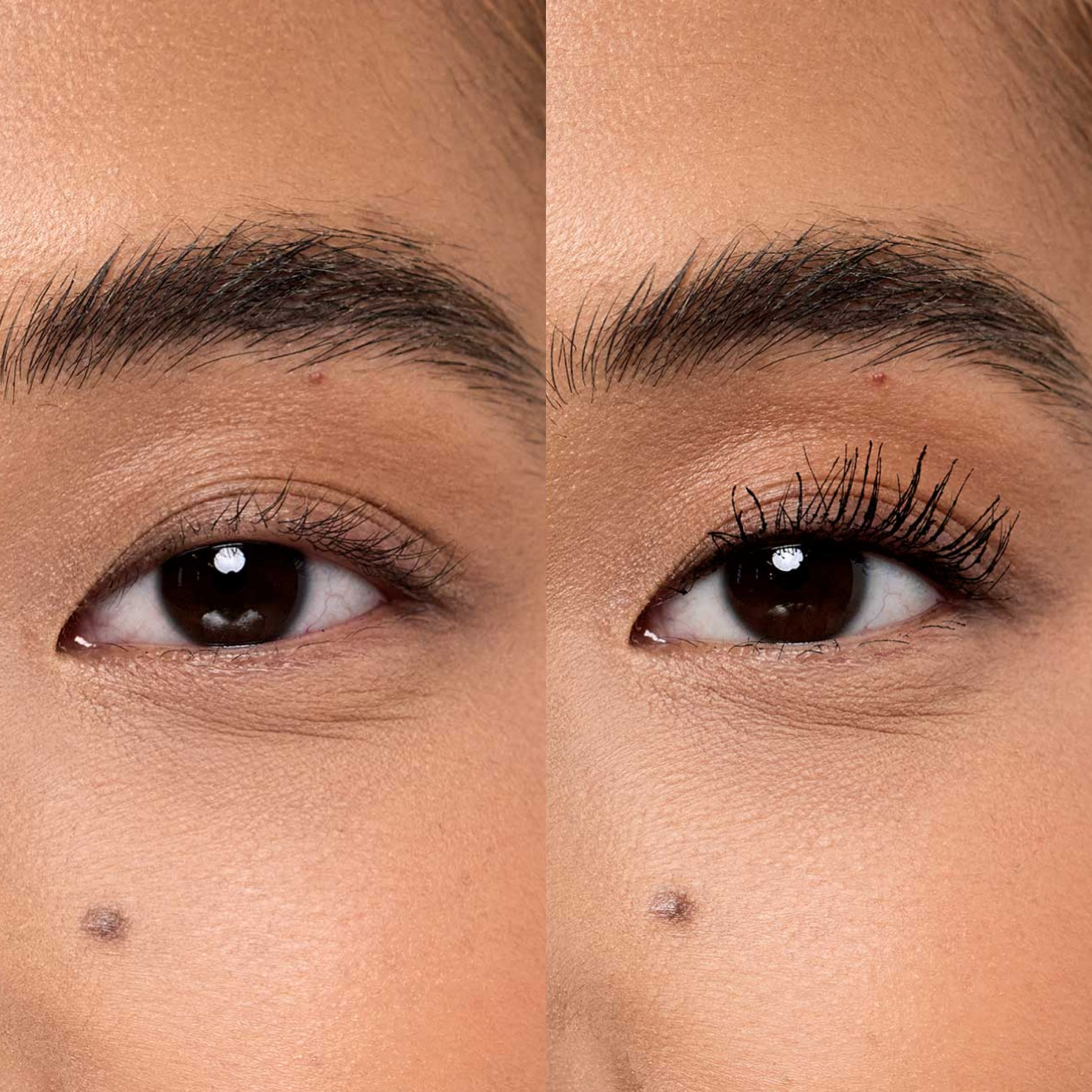 Shared: A close up of a model's eyelashes before and after applying the Tower 28 Beauty MakeWaves™ Mascara. Lashes are visibly lifted and lengthened