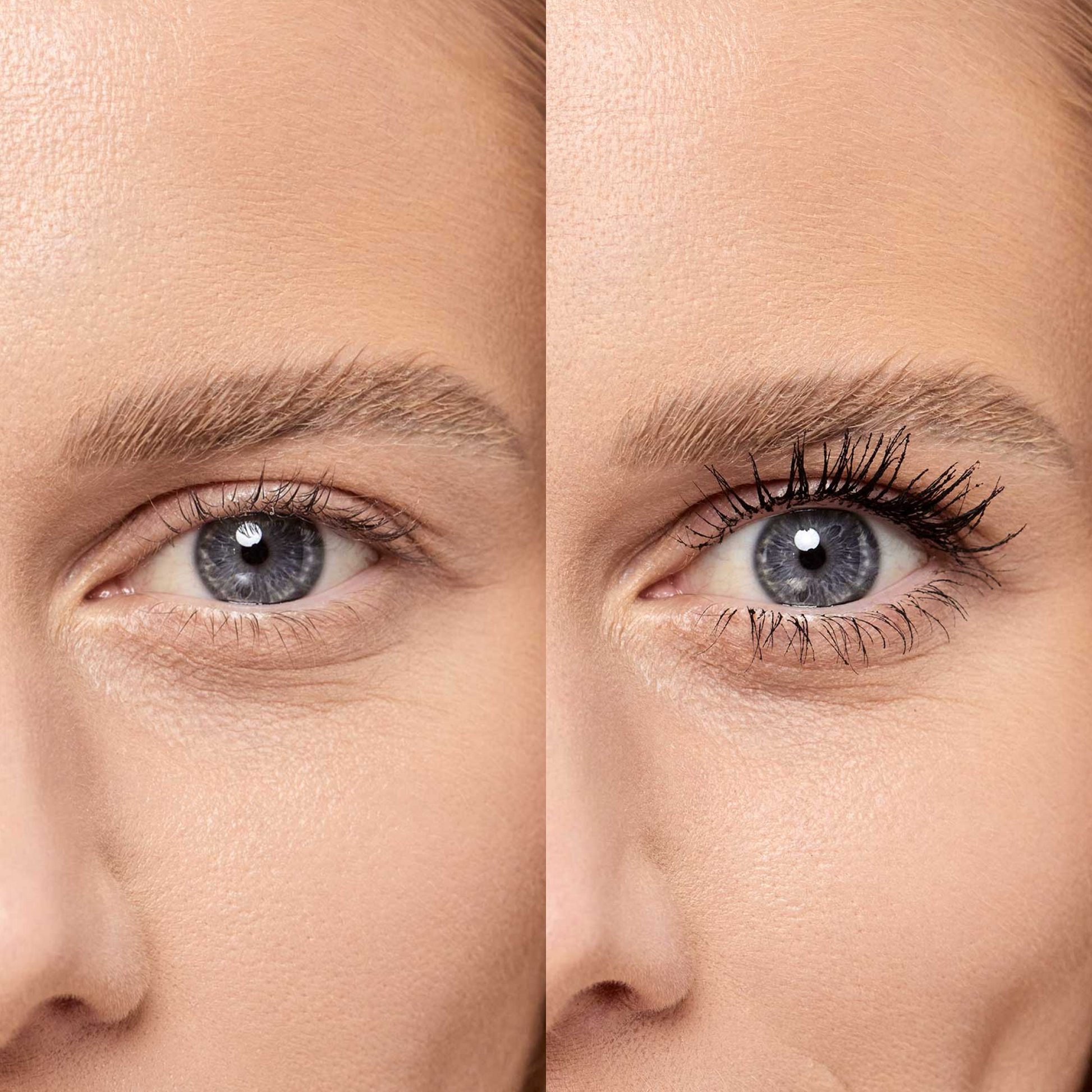 [Shared: A close up of a model's eyelashes before and after applying the Tower 28 Beauty's MakeWaves Mascara in Jet. Lashes are visibly lifted and lengthened