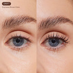 Close-up of eyes with brown eyebrow color swatch labeled 'DRIFT Espresso Brown Color'. [Shared]