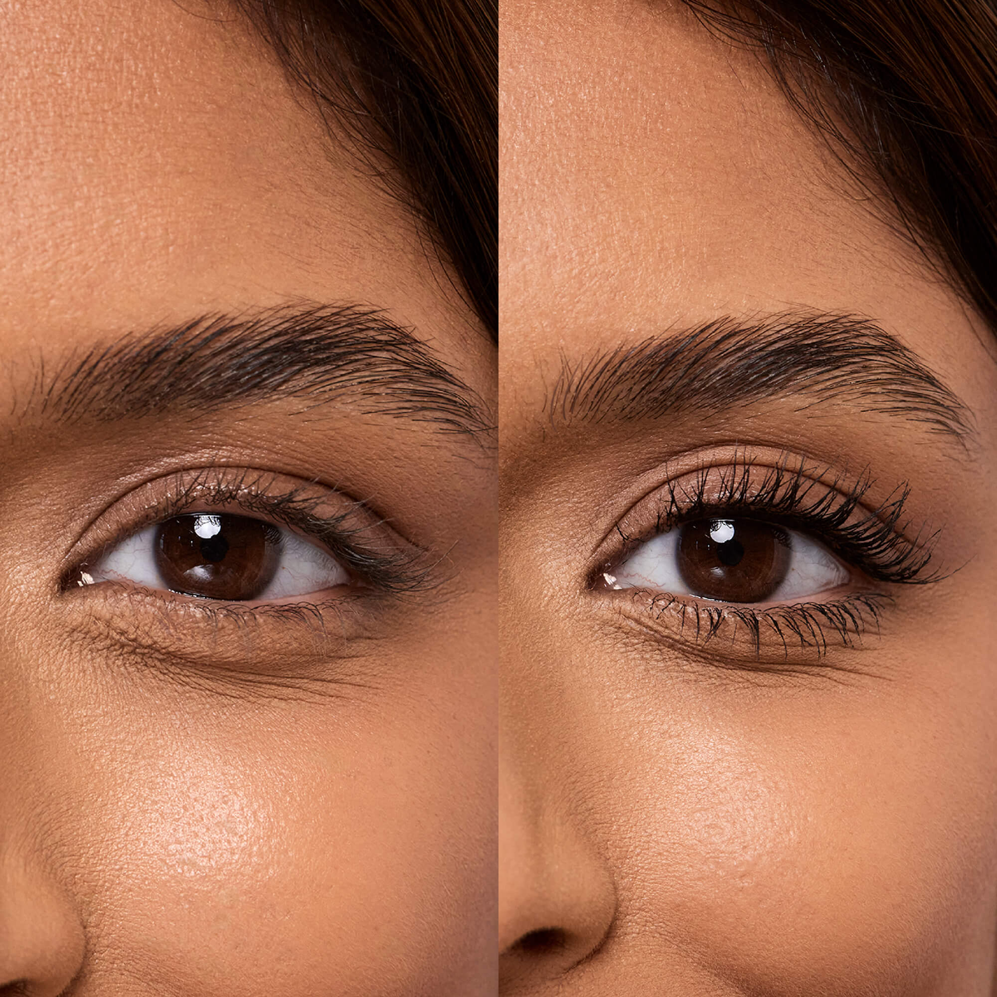 A close up of a person's eyelashes before and after applying the Tower 28 Beauty's MakeWaves Mascara in Jet. Lashes are visibly lifted and lengthened. [Jet]