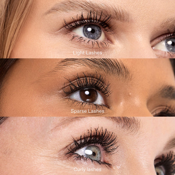[Shared: A close up of a model's eyelashes before and after applying the Tower 28 Beauty's MakeWaves Mascara in Jet, Drift. Lashes are visibly lifted and lengthened]