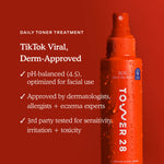 Tower 28 Beauty SOS Daily Rescue Spray, highlighting dermatologist, allergist and eczema approved. [Shared]