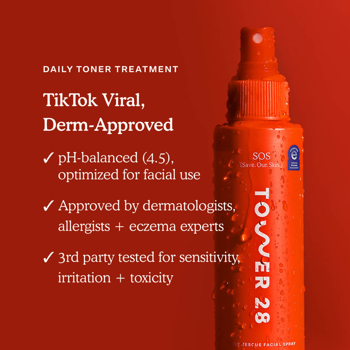 Tower 28 Beauty SOS Daily Rescue Spray, highlighting dermatologist, allergist and eczema approved. [Shared]