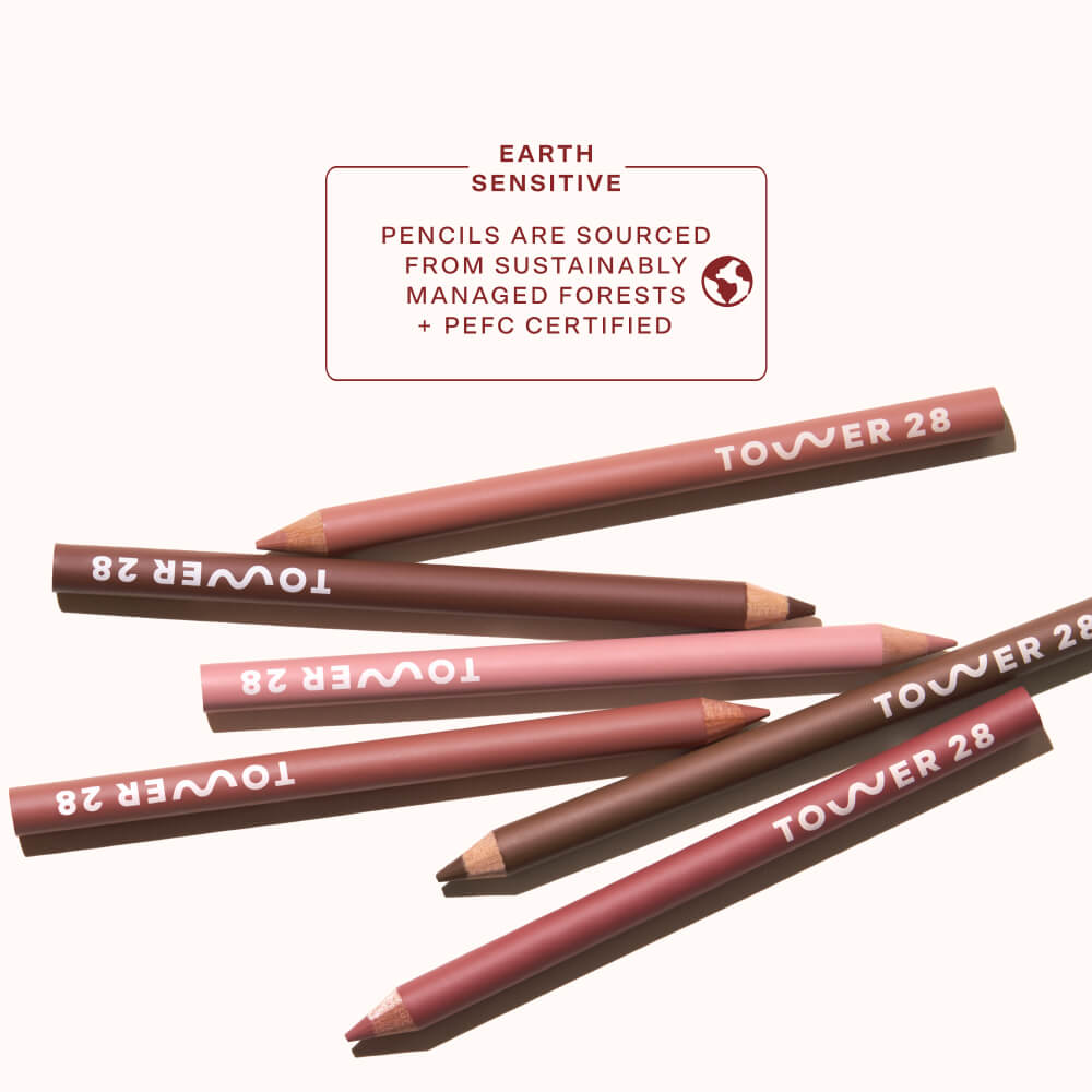 Tower 28 Beauty OneLiner Lip Liners are arranged diagonally. Text highlights the brand’s earth-conscious commitment: the pencils are PEFC certified and sourced from sustainably managed forests. [Shared]