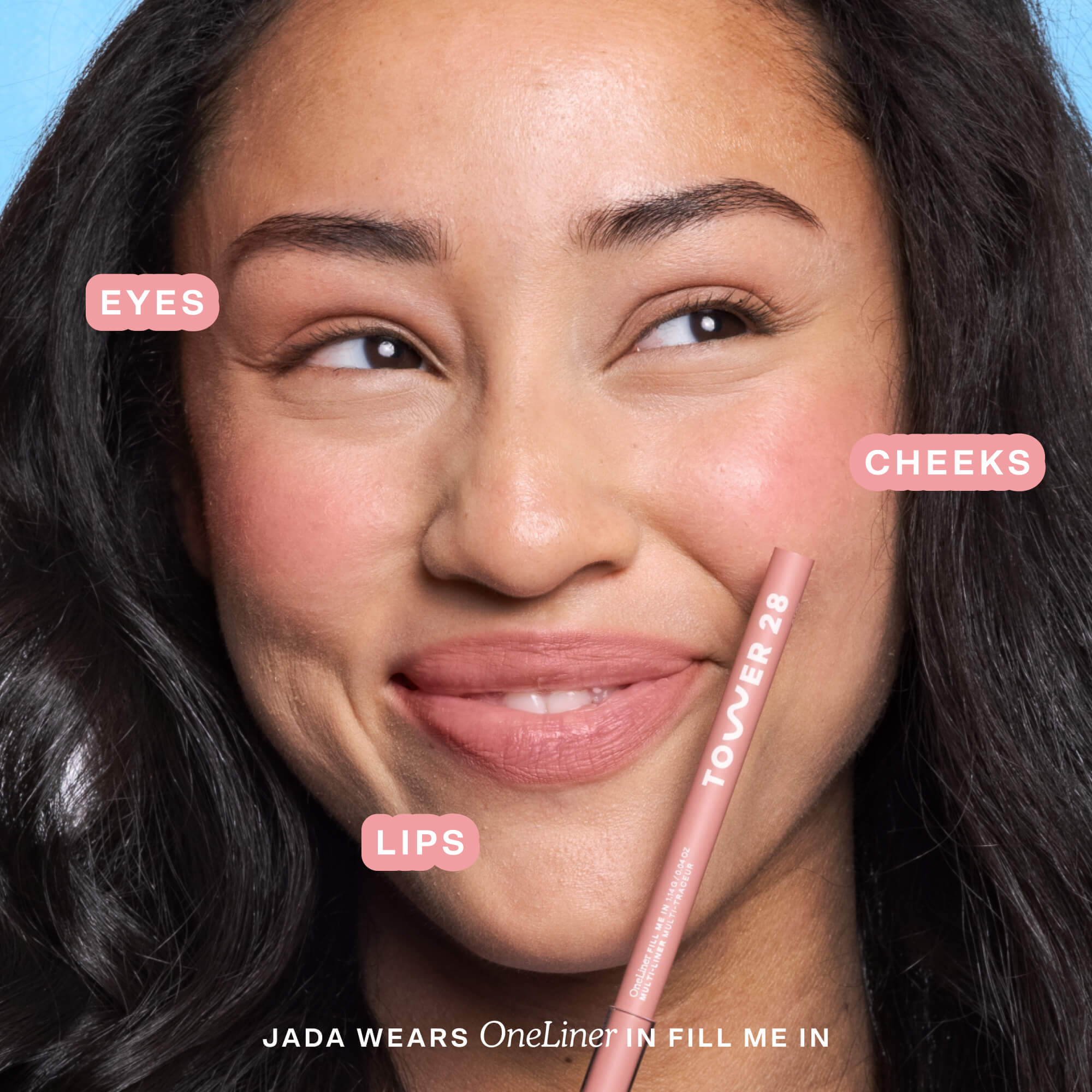 Shade: OneLiner in Fill Me In + ShineOn Lip Jelly in Oat [Model wears the Peachy Pink Duo]