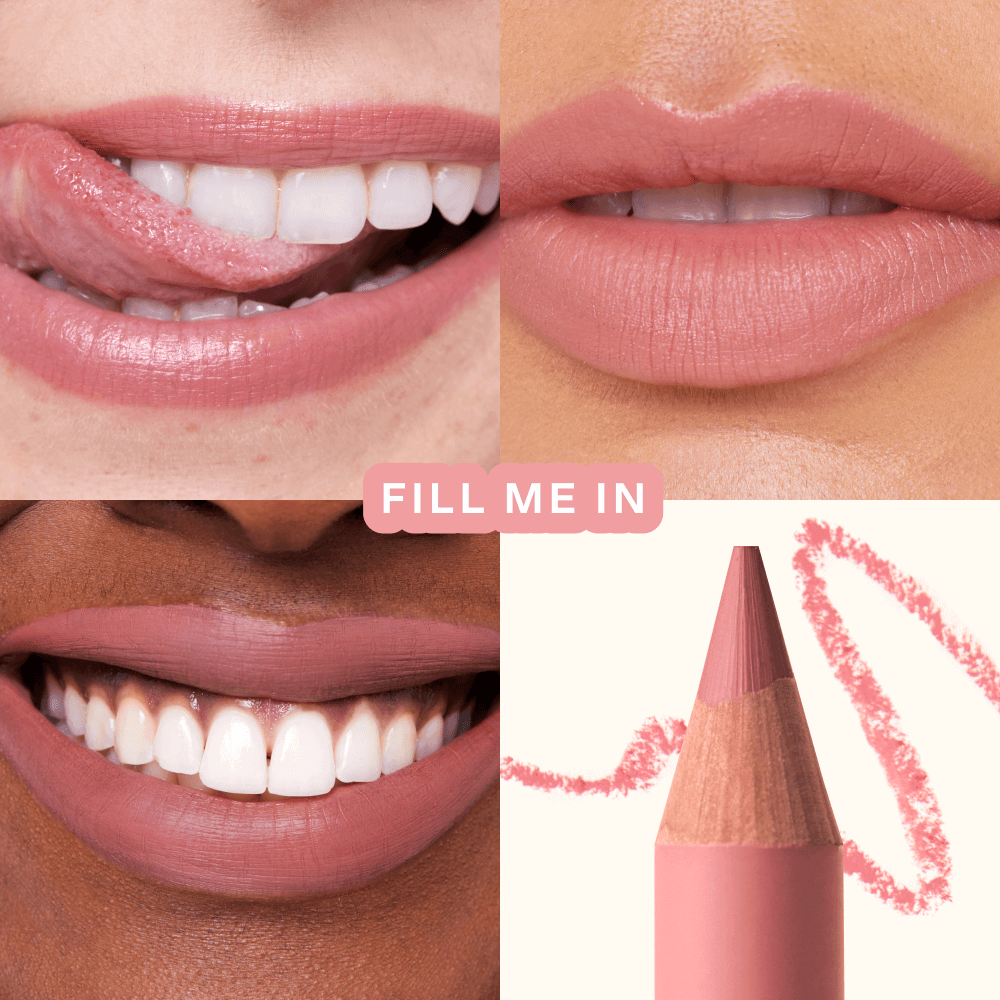 Close-up shots of lips wearing Tower 28 Beauty’s OneLiner Lip Liner in the shade Fill Me In across different skin tones. [Fill Me In]