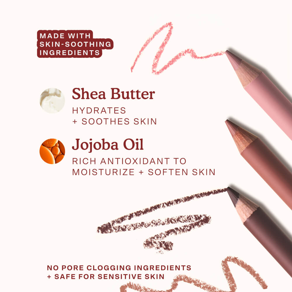 Tower 28 Beauty’s OneLiner Lip Liners are displayed alongside swatches and ingredient highlights. The formula includes shea butter to hydrate and soothe skin, and jojoba oil, a rich antioxidant that moisturizes and softens. It’s made without pore-clogging ingredients and is safe for sensitive skin. [Shared]