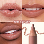 Close-up shots of lips wearing Tower 28 Beauty’s OneLiner Lip Liner in the shade Work of Art across different skin tones. [Work of Art]