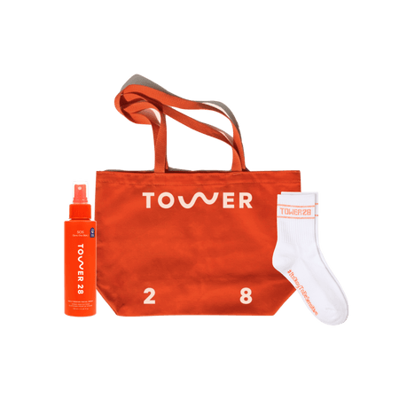 [Shared: Tower 28 Beauty's On The Run Set which features a full sized SOS Spray, a Market Tote Bag, and a pair of Tower 28 x Set Active Socks]