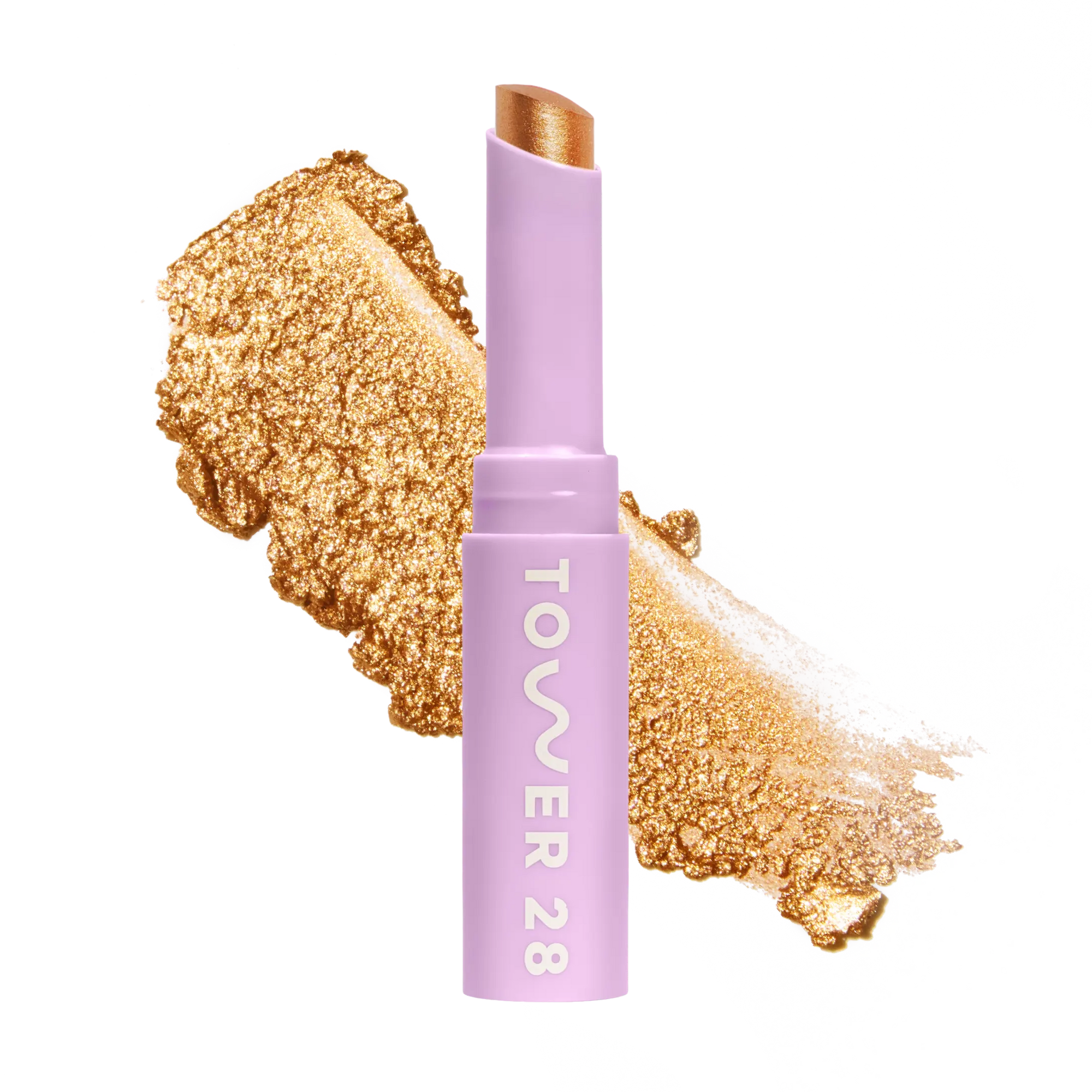 Eyeshadow with glittery texture and 'Tower 28' branding on a white background [Bungalow]