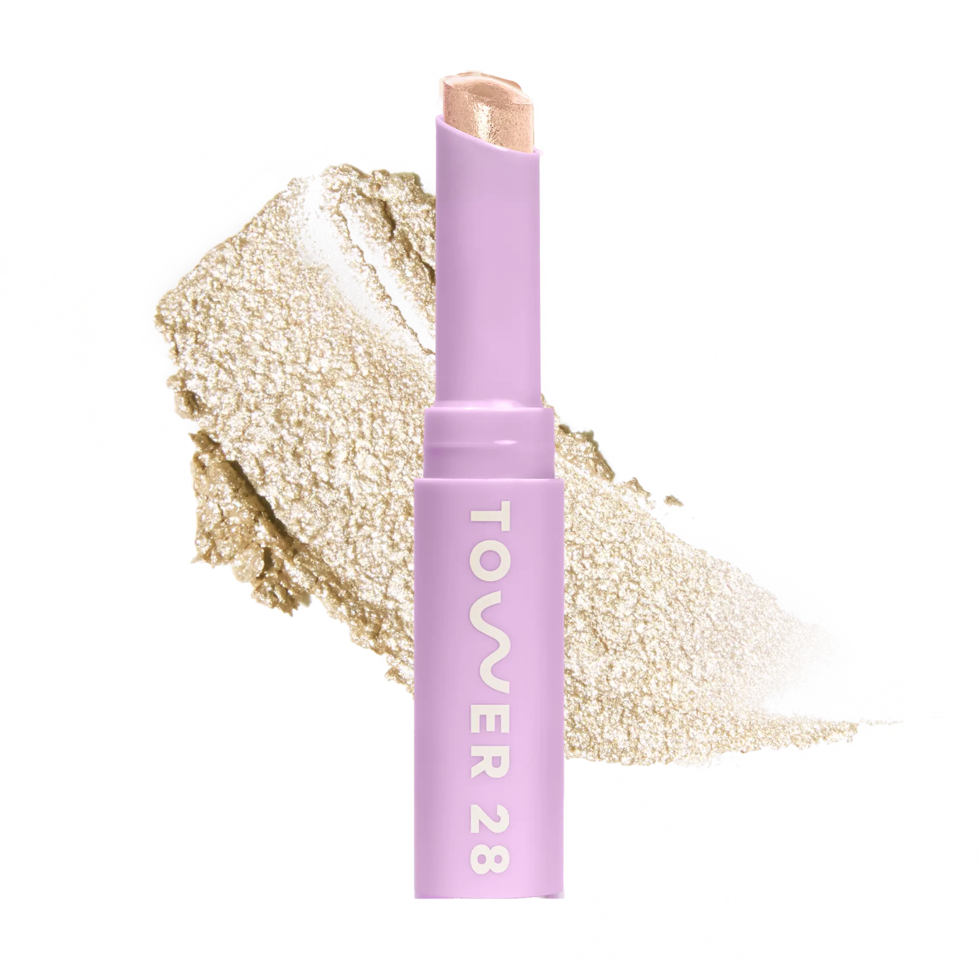 Eyeshadow with glittery texture and 'Tower 28' branding on a white background [Chateau]