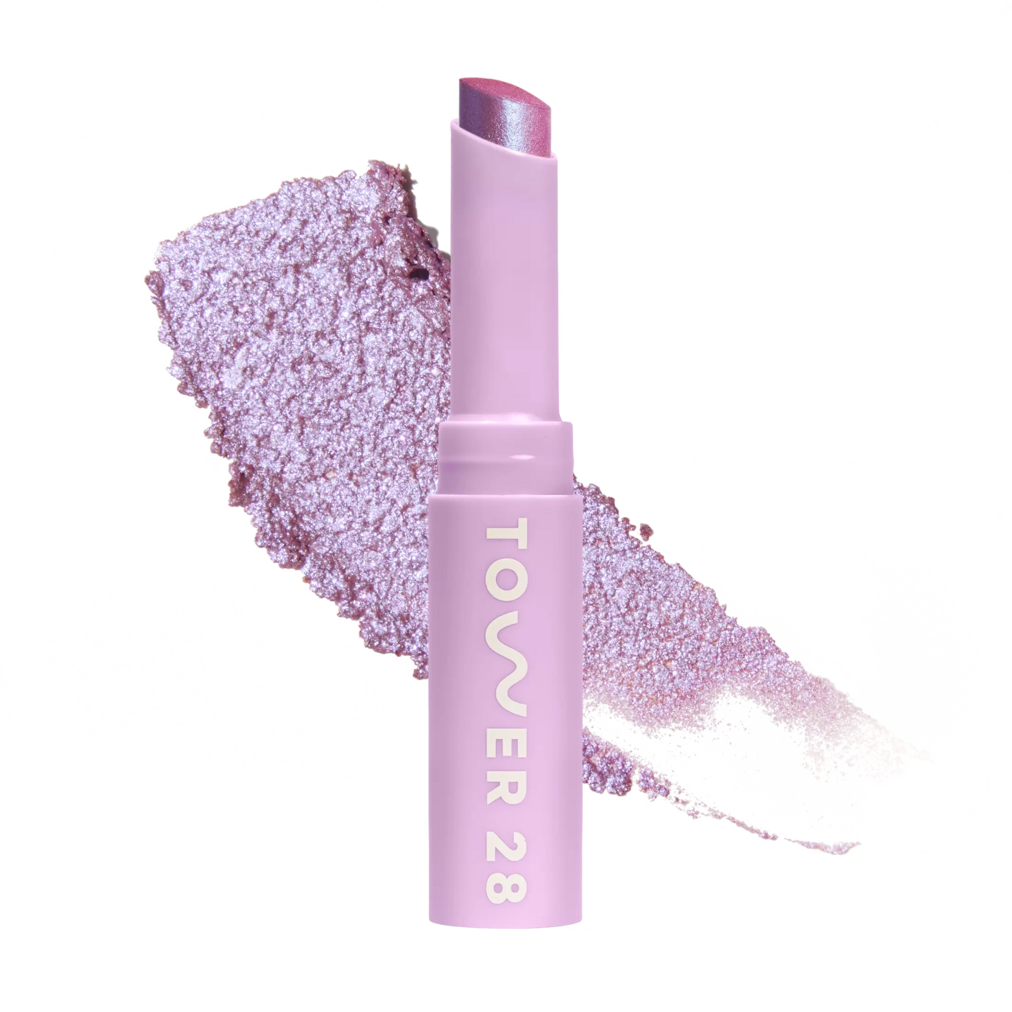 Eyeshadow with glittery texture and 'Tower 28' branding on a white background [Garden]