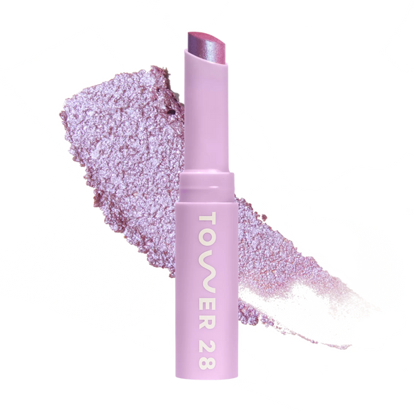 Eyeshadow with glittery texture and 'Tower 28' branding on a white background [Garden]