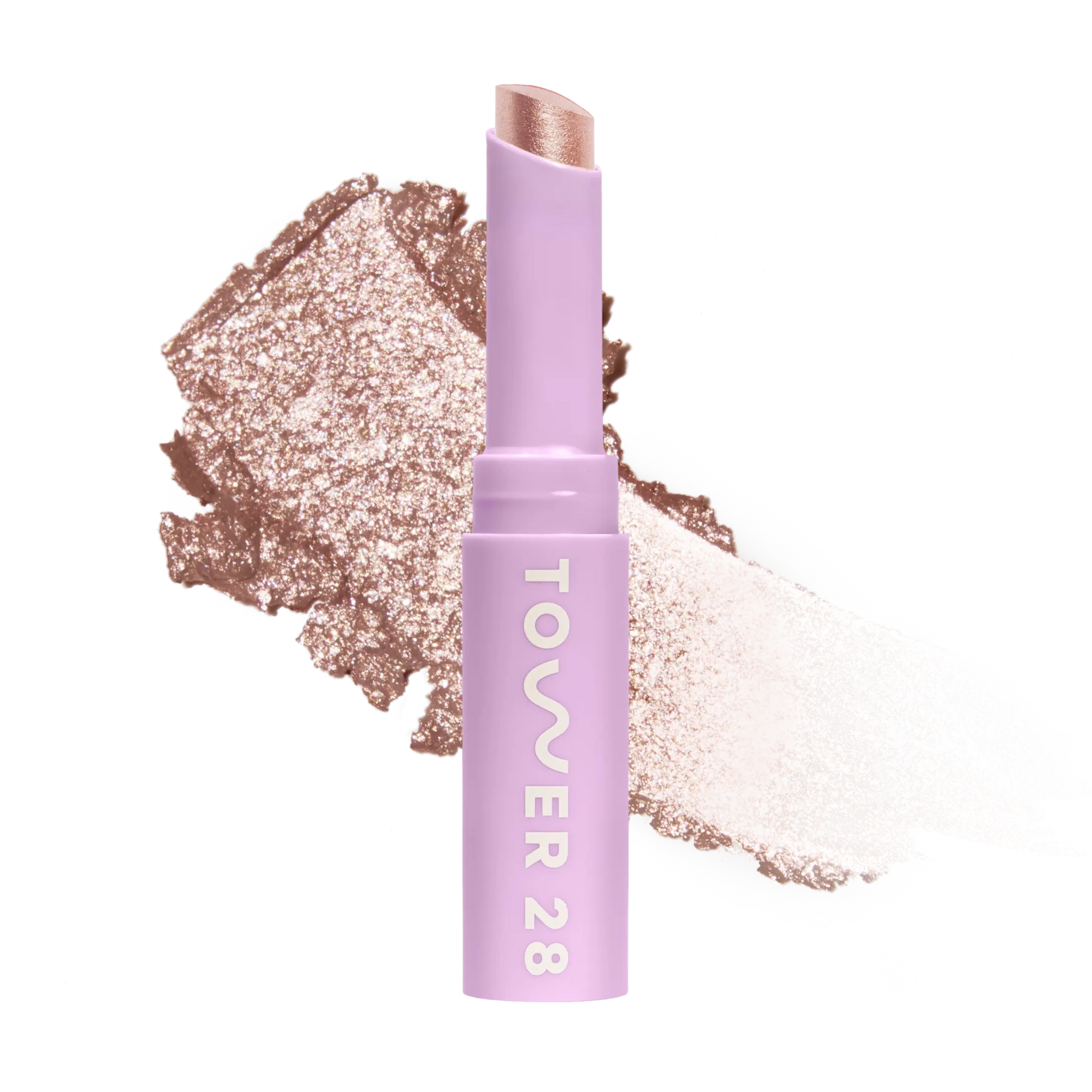 Eyeshadow with glittery texture and 'Tower 28' branding on a white background [Roxy]