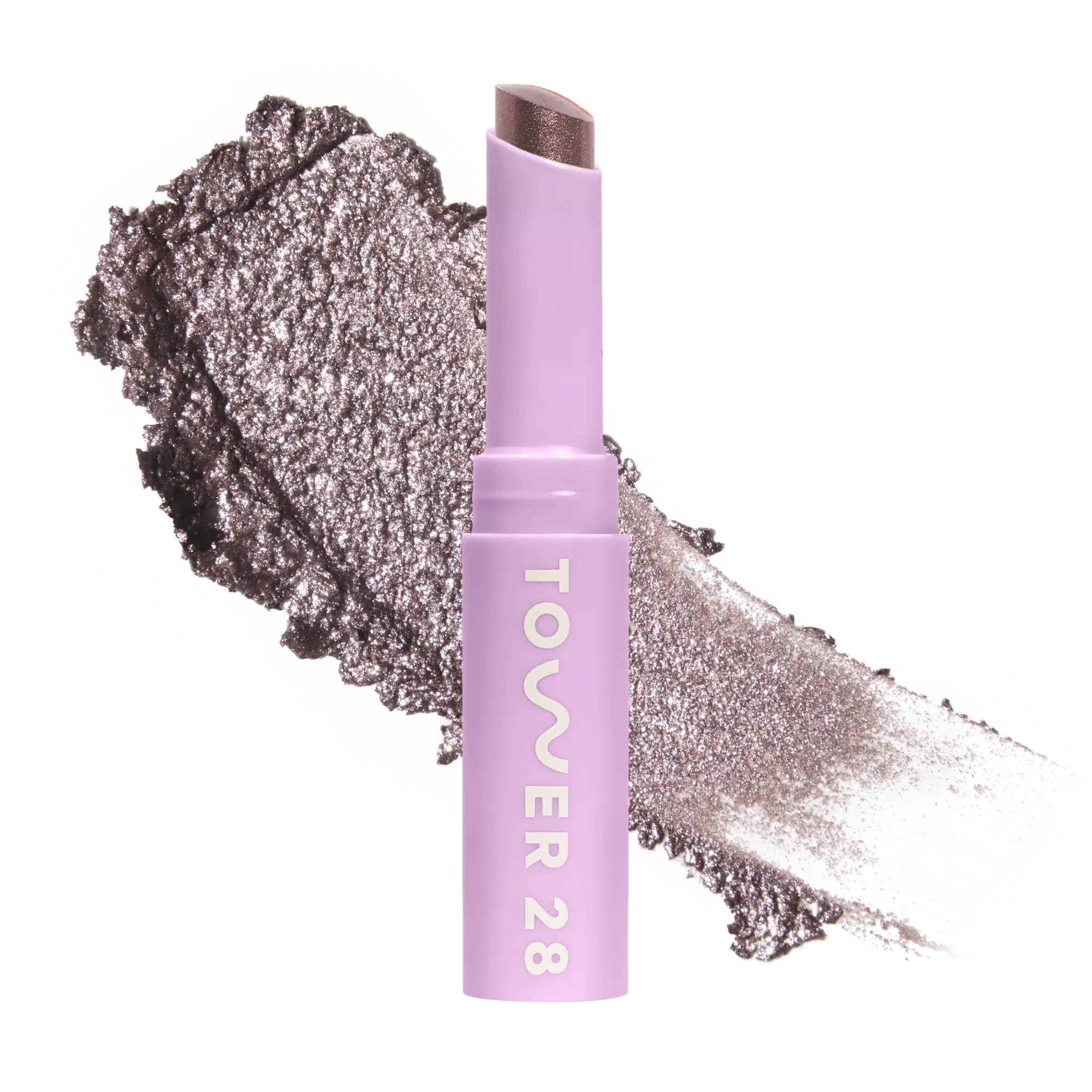 Eyeshadow with glittery texture and 'Tower 28' branding on a white background [Viper]